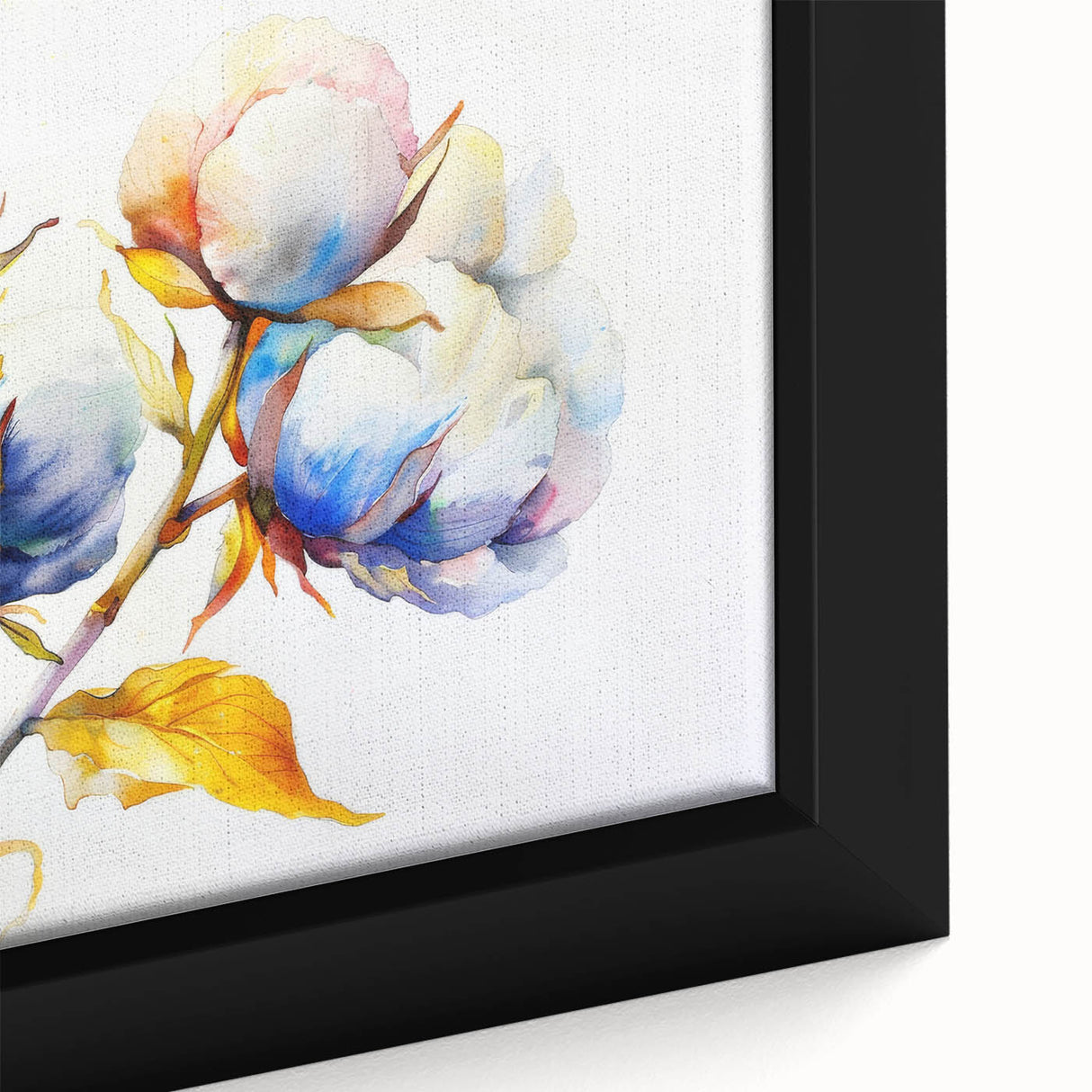 Close-up of a framed botanical wall art design featuring vibrant flowers in various colors, showcasing intricate details and textures, perfect for home decor.