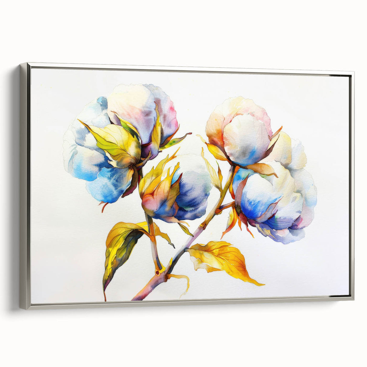 Framed canvas wall art featuring a botanical design with colorful flowers, elegantly displayed with a silver frame, ideal for home decor enhancement.