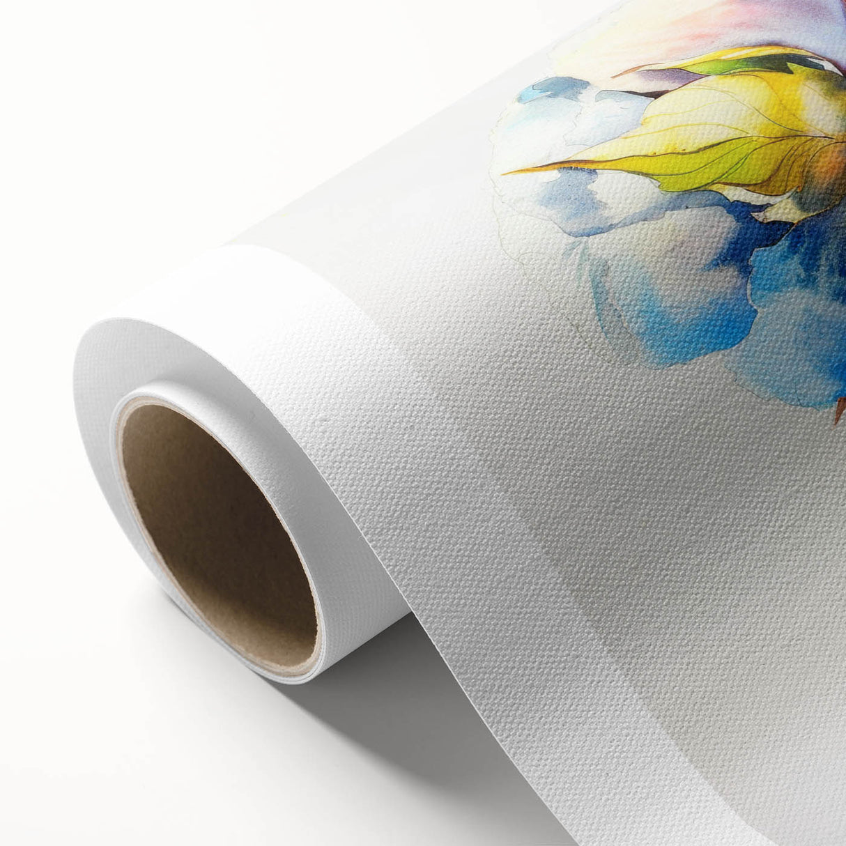 Botanical wall art collection showcasing vibrant floral patterns on cotton canvas, elegantly rolled for display, perfect for home decor enthusiasts.