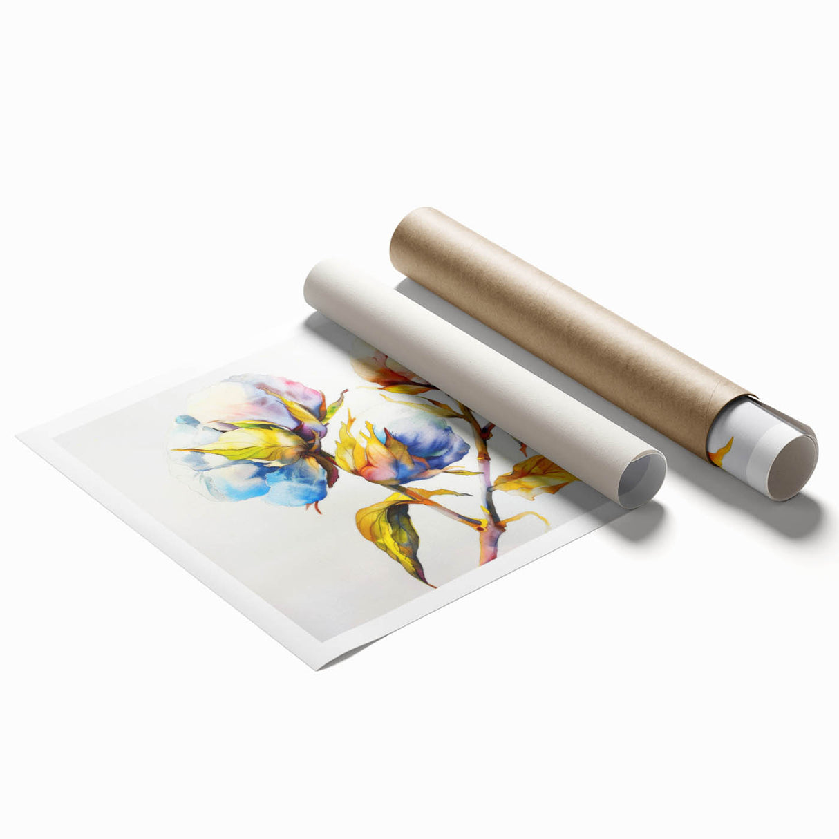 Botanical cotton design wall art print featuring vibrant floral illustrations in soft pastel colors, rolled and ready for framing, perfect for home decor.