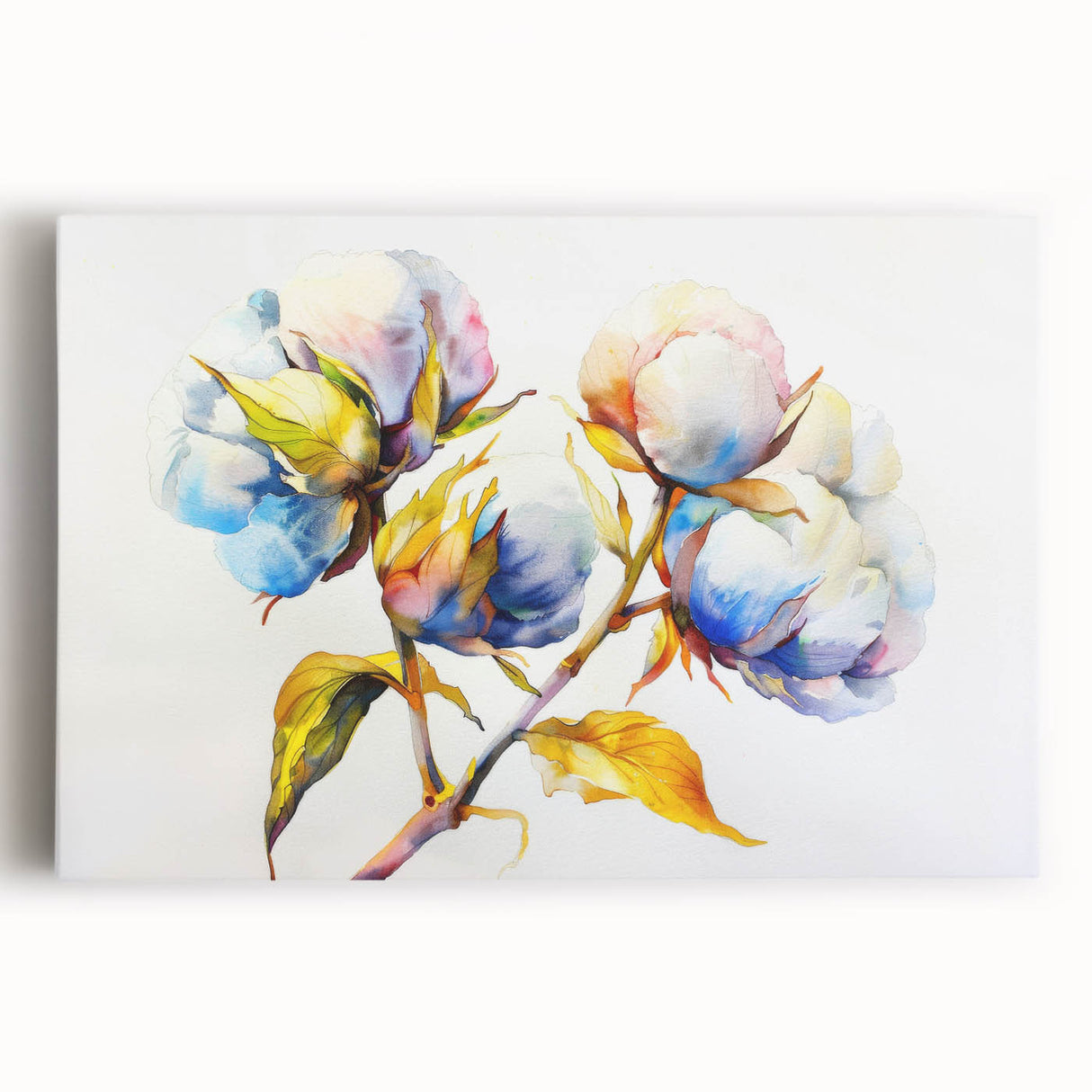 Vibrant botanical wall art design on stretched canvas showcasing an array of colorful flowers against a neutral background, perfect for home decor.