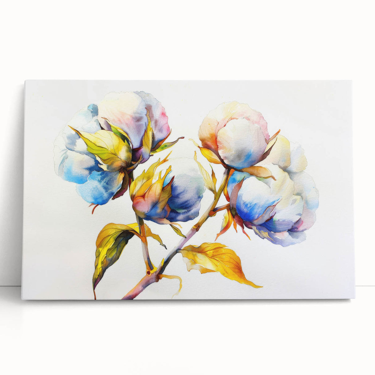Botanical wall art collection featuring vibrant flowers on stretched cotton canvas, leaning against a neutral wall, ideal for home decor enthusiasts and nature lovers.