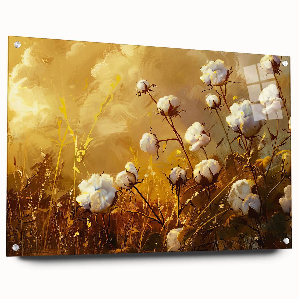 Acrylic glass wall art showcasing a botanical cotton design with vibrant flowers, displayed from a side view, featuring decorative pins for hanging. Perfect for enhancing home decor.
