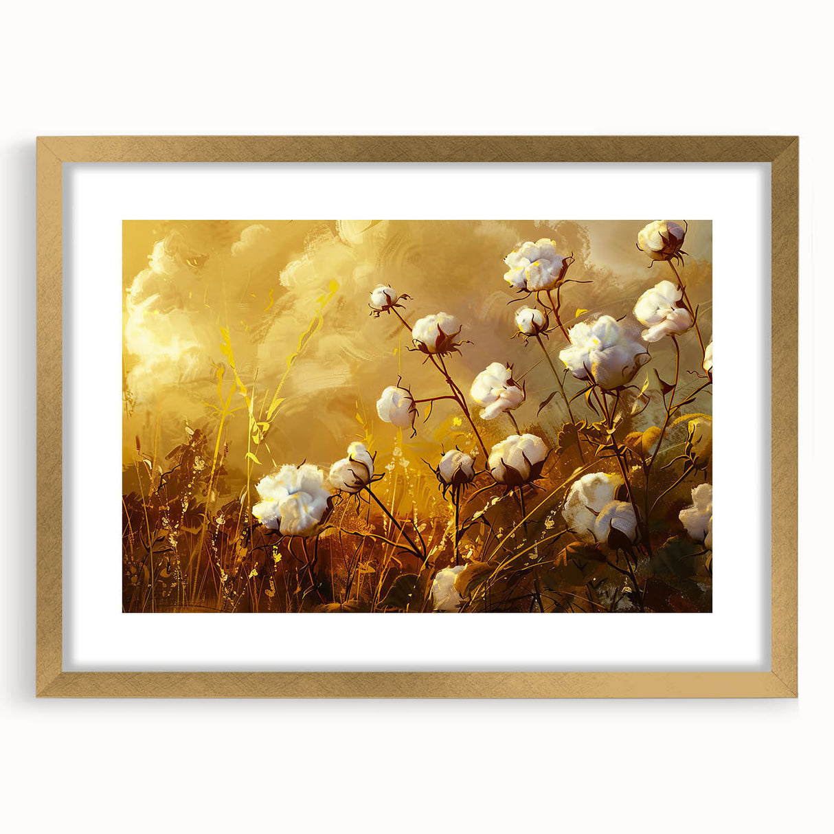 Botanical wall art featuring a floral design on cotton, framed with a gold mat and elegant frame; perfect for adding a touch of nature to any decor.