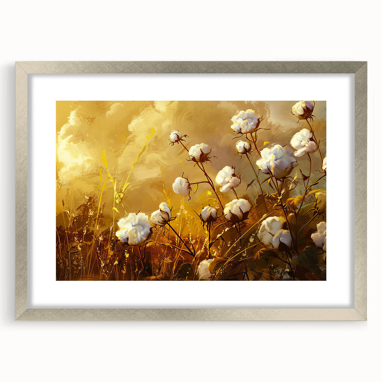 Botanical wall art print featuring vibrant flowers on cotton, framed in silver with a mat for an elegant display, perfect for home decor enthusiasts.