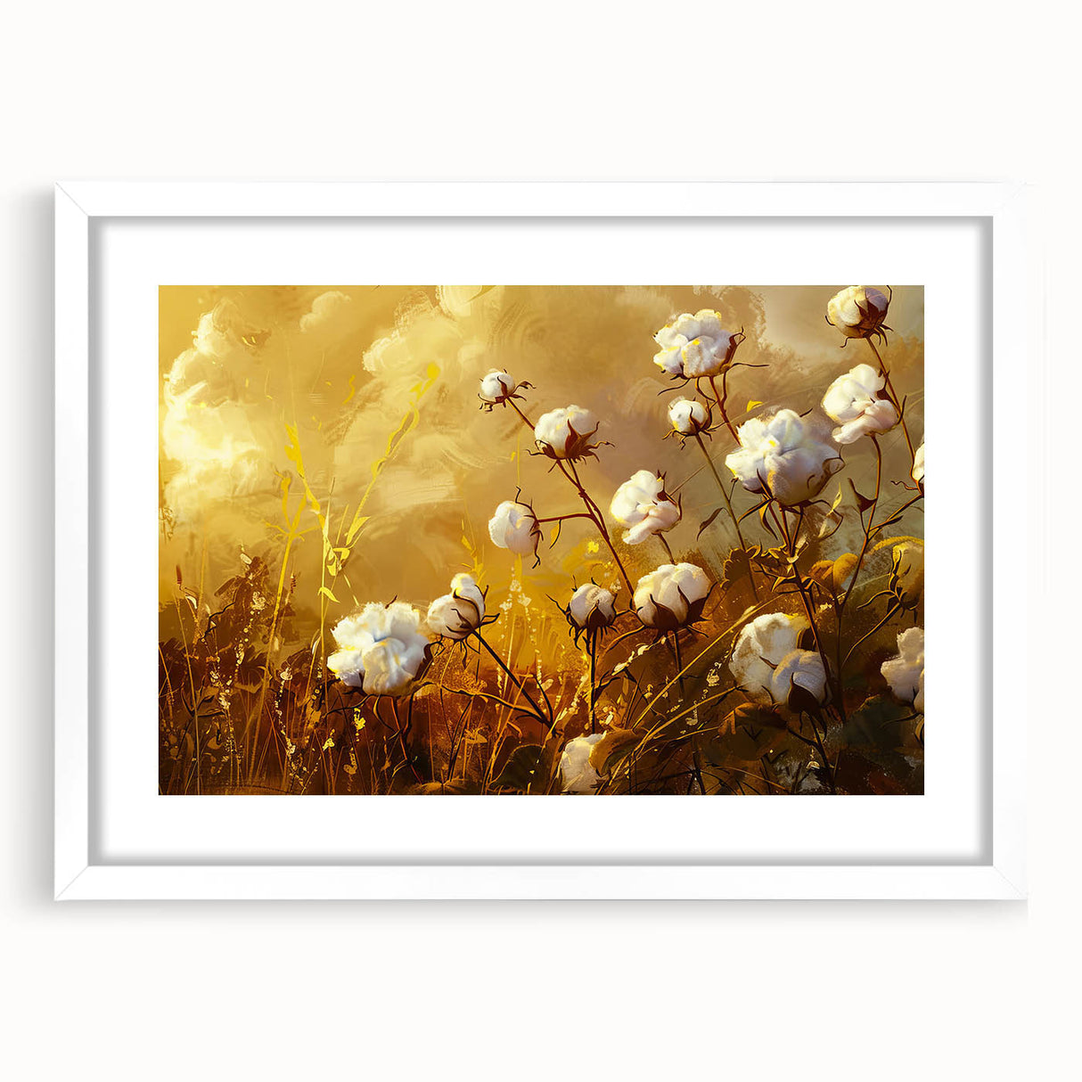 Botanical wall art collection featuring a vibrant floral cotton design in a white frame with matting, ideal for home decor and enhancing interior aesthetics.