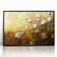 Framed wall art featuring a botanical cotton design with colorful flowers on a black background, showcasing intricate details and vibrant hues, perfect for home decor.