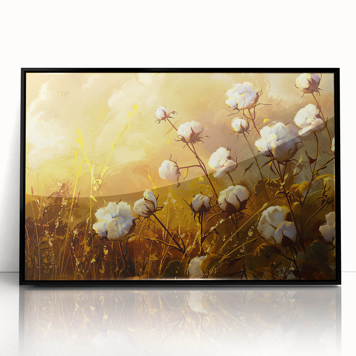 Framed wall art featuring a botanical cotton design with colorful flowers on a black background, showcasing intricate details and vibrant hues, perfect for home decor.