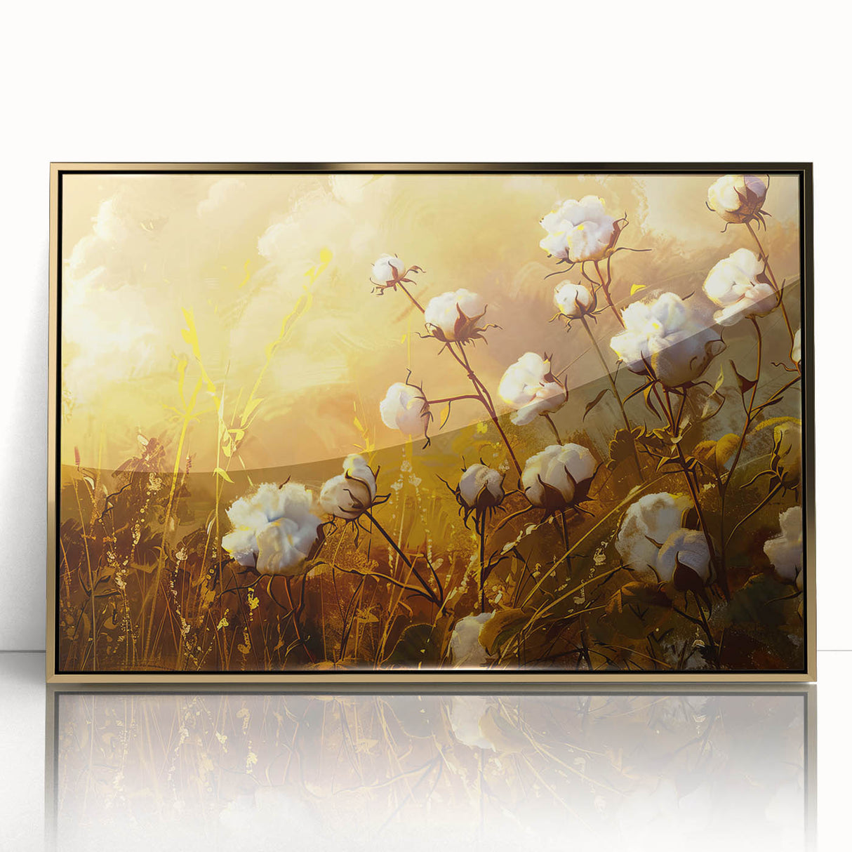 Framed botanical wall art featuring a vibrant floral design in shades of pink and green, elegantly displayed in a gold-accented acrylic frame, ideal for home decor.