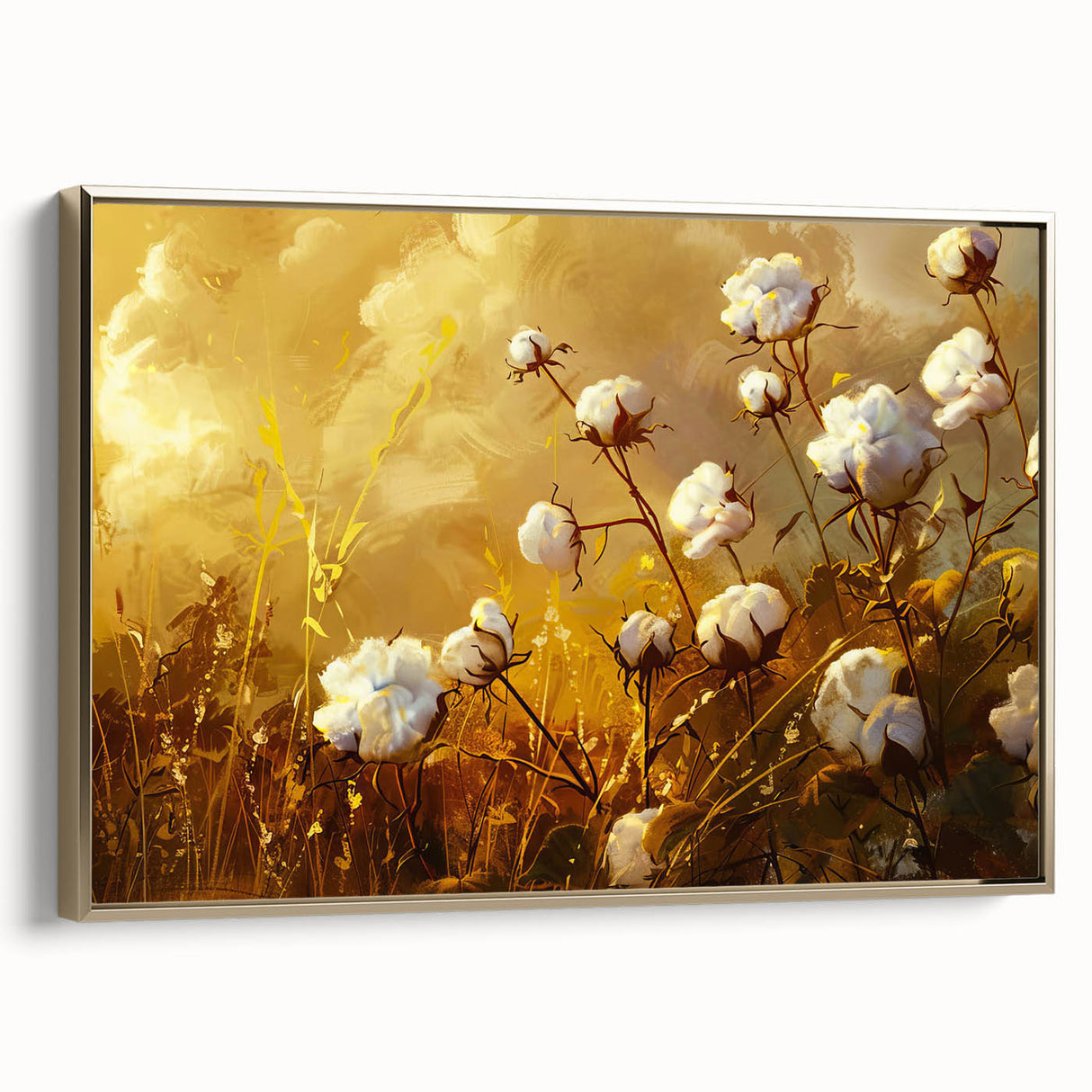 Framed botanical wall art featuring a vibrant floral design on cotton canvas, with a gold frame, displayed at a side angle, perfect for home decor enhancement.