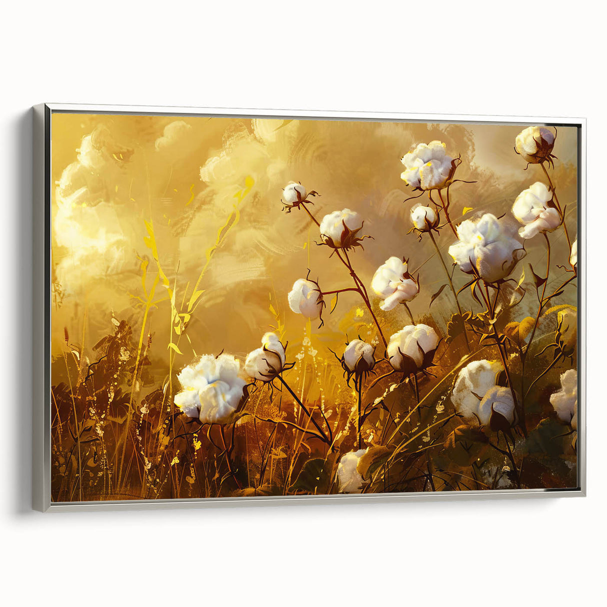 Framed botanical wall art featuring vibrant floral designs on cotton canvas, elegantly displayed with a silver frame, perfect for home decor enhancement.