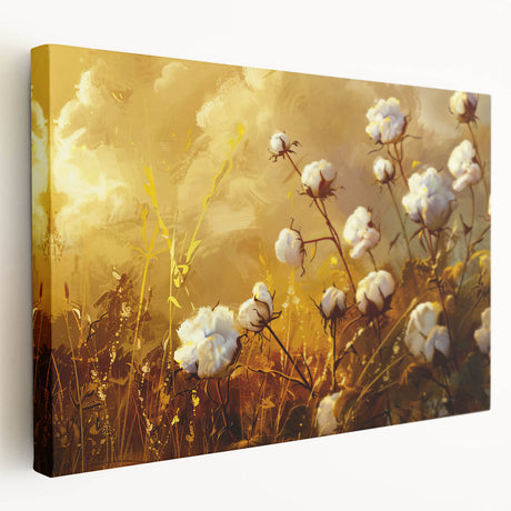 Stretched canvas showcasing a vibrant floral botanical design in rich colors, ideal for home decor, featuring a side view that highlights its texture and depth.