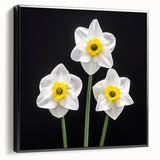 Framed canvas wall art showcasing a botanical daffodil design in vibrant colors, presented from a black side view, ideal for enhancing home decor.