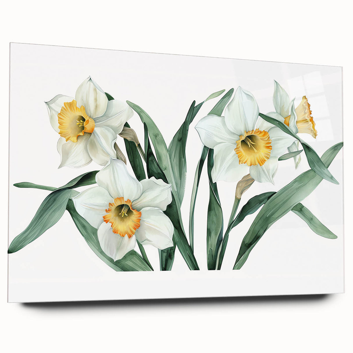 Side view of a daffodil-themed botanical wall art piece displayed in an acrylic glass frame, showcasing vibrant yellow flowers and intricate details, perfect for home decor.