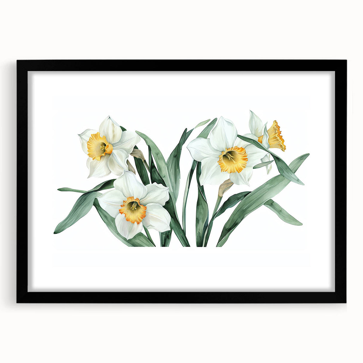 Framed botanical wall art featuring a vibrant daffodil design, set in a sleek black frame with a mat, showcasing elegant floral aesthetics for home decor.