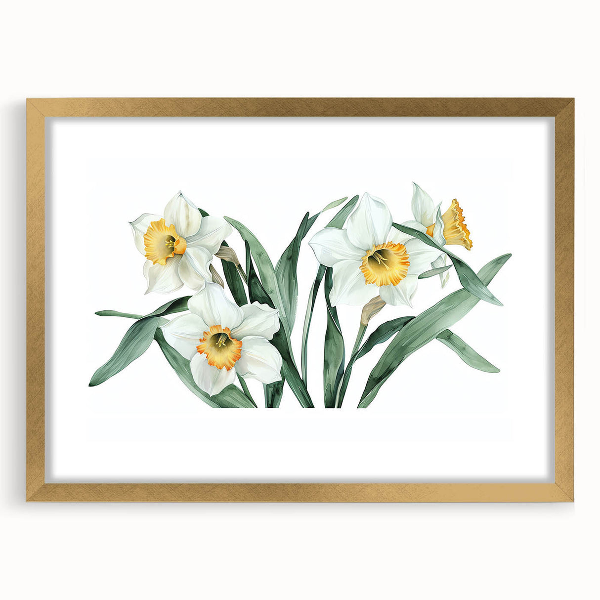 Elegant botanical wall art featuring a detailed daffodil design in a gold frame with matting, perfect for home decor and enhancing interior aesthetics.
