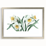 Framed botanical wall art featuring a daffodil design, showcasing intricate floral details and a silver frame with matting, perfect for home decor.