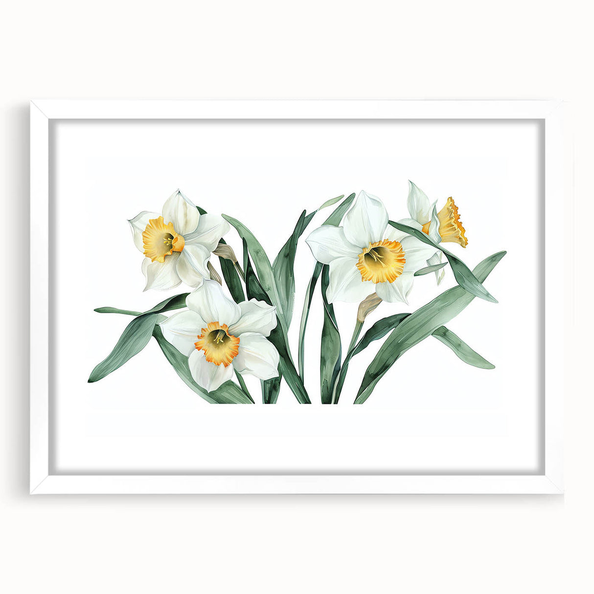 Botanical daffodil wall art framed in white, showcasing delicate yellow flowers against a soft background, perfect for brightening up living spaces.
