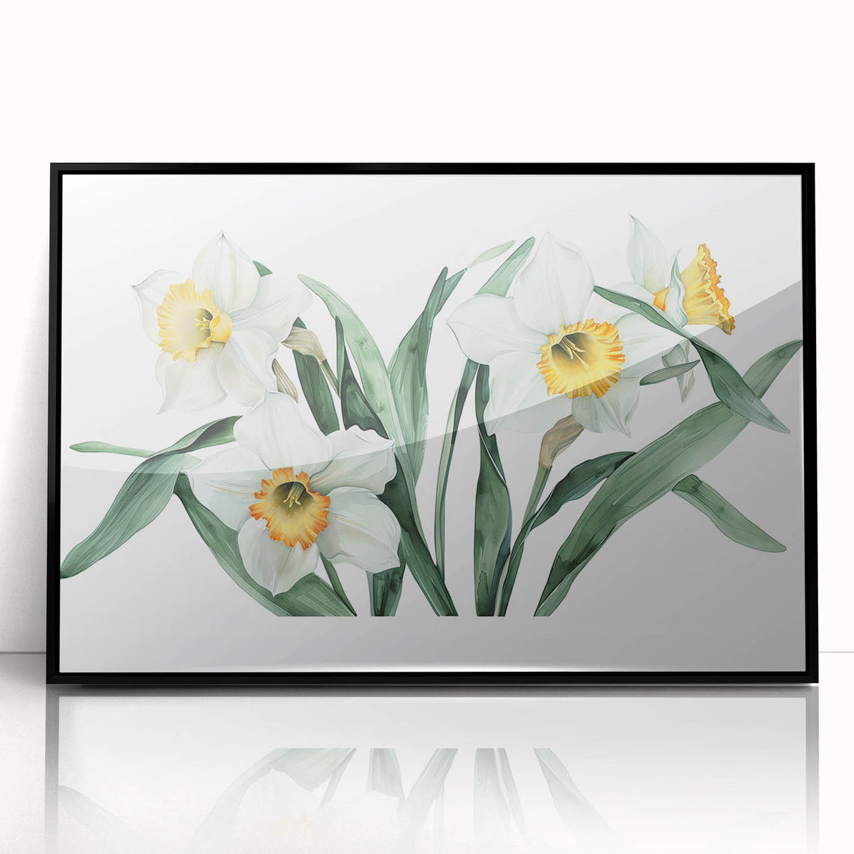 Framed wall art featuring a botanical daffodil design with vibrant yellow flowers against a sleek black background, ideal for home decor or floral-themed interiors.