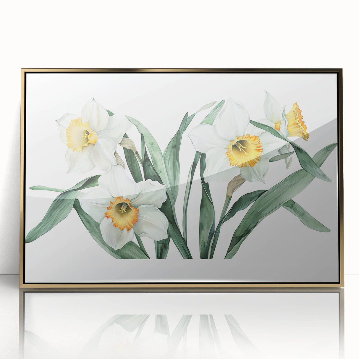 Framed botanical wall art featuring vibrant yellow daffodils with gold accents, perfect for adding a touch of elegance to home decor. Ideal for floral enthusiasts.