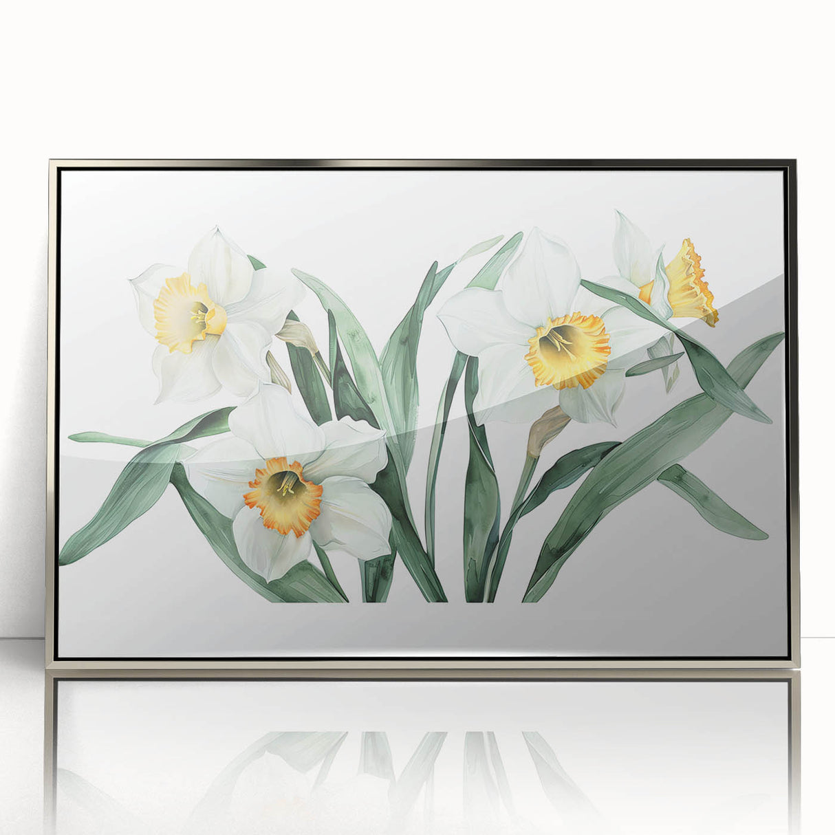 Framed acrylic wall art showcasing a vibrant botanical daffodil design with silver accents, perfect for home decor, adding a touch of elegance and nature.