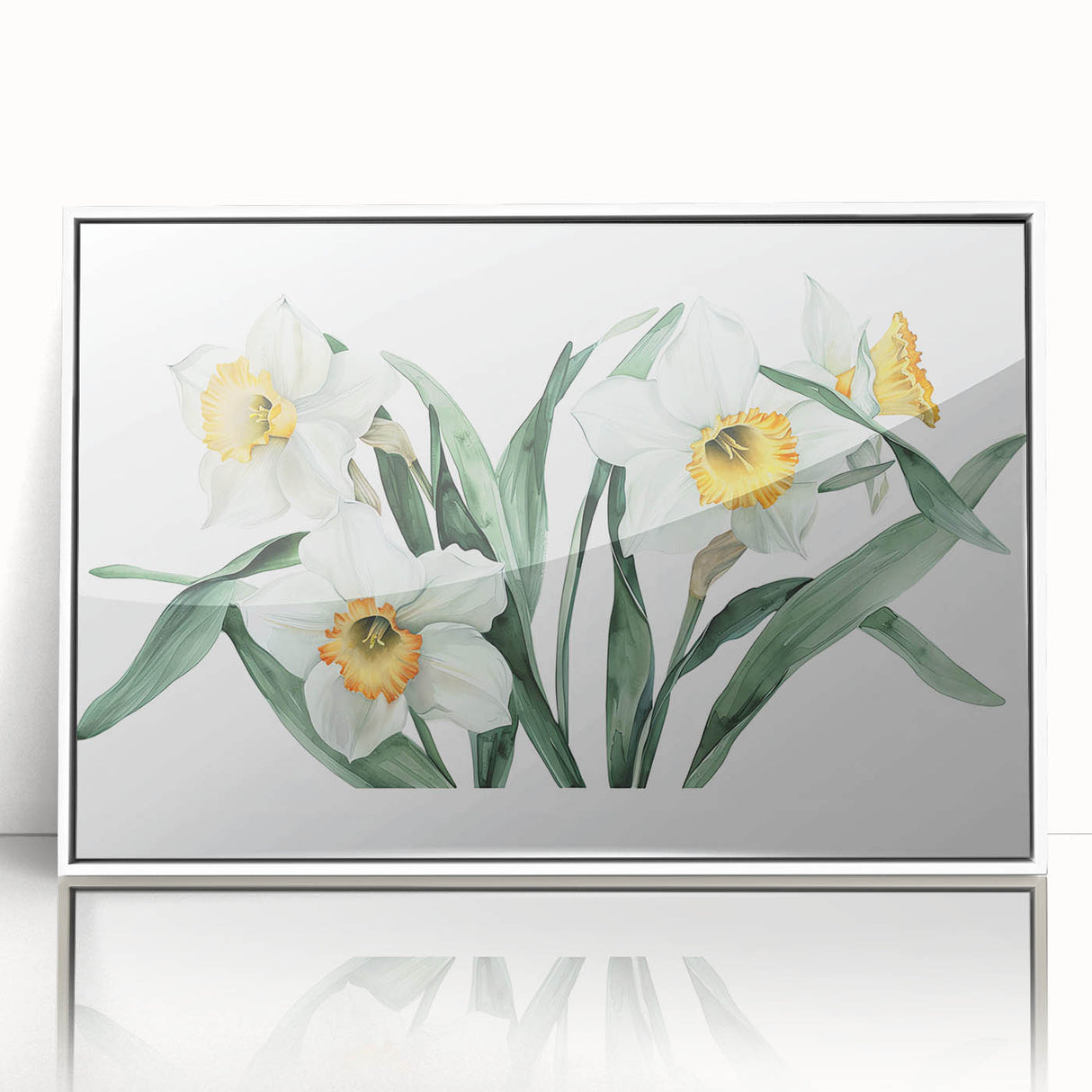 Framed botanical wall art featuring a daffodil design in vibrant yellow and green colors, showcasing elegant floral details against a sleek white frame, ideal for home decor.