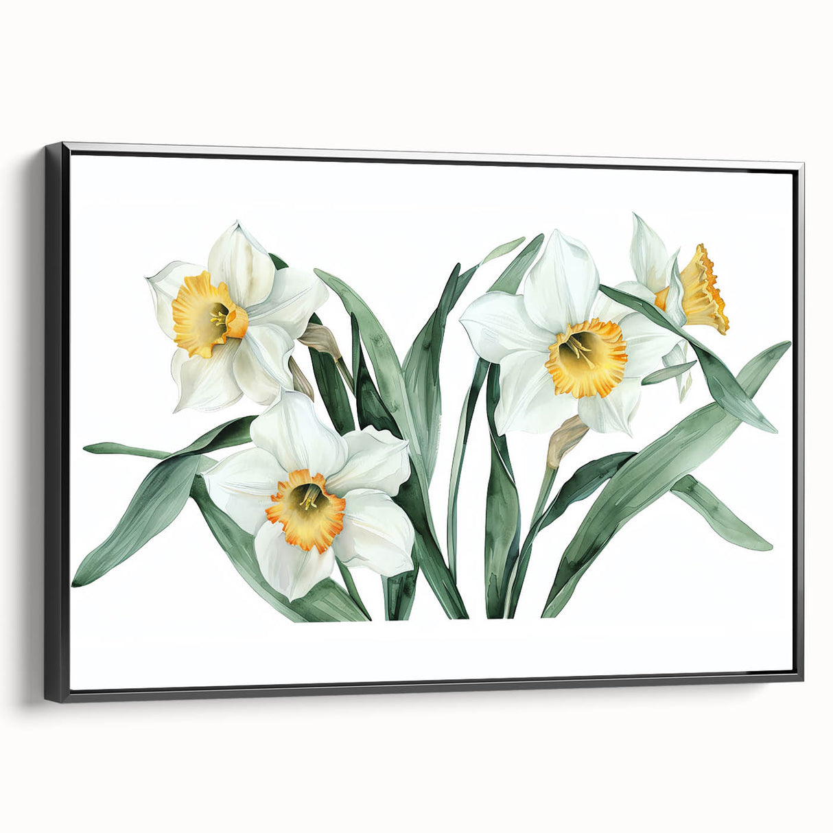 Framed canvas wall art showcasing a vibrant botanical daffodil design with a sleek black frame, ideal for enhancing home decor with a touch of nature.