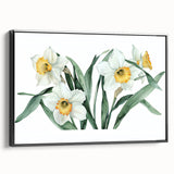 Framed canvas wall art showcasing a vibrant botanical daffodil design with a sleek black frame, ideal for enhancing home decor with a touch of nature.