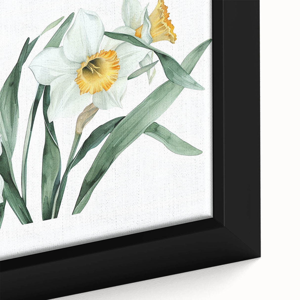 Close-up of a framed canvas featuring a botanical daffodil design, showcasing vibrant yellow flowers and intricate details, perfect for home decor and nature-inspired aesthetics.