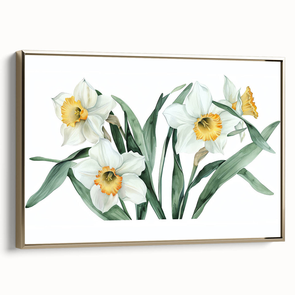 Framed canvas wall art featuring a vibrant daffodil design set in a gold frame, showcasing intricate botanical details and a stylish side view for home decor.