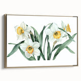 Framed canvas wall art featuring a vibrant daffodil design set in a gold frame, showcasing intricate botanical details and a stylish side view for home decor.