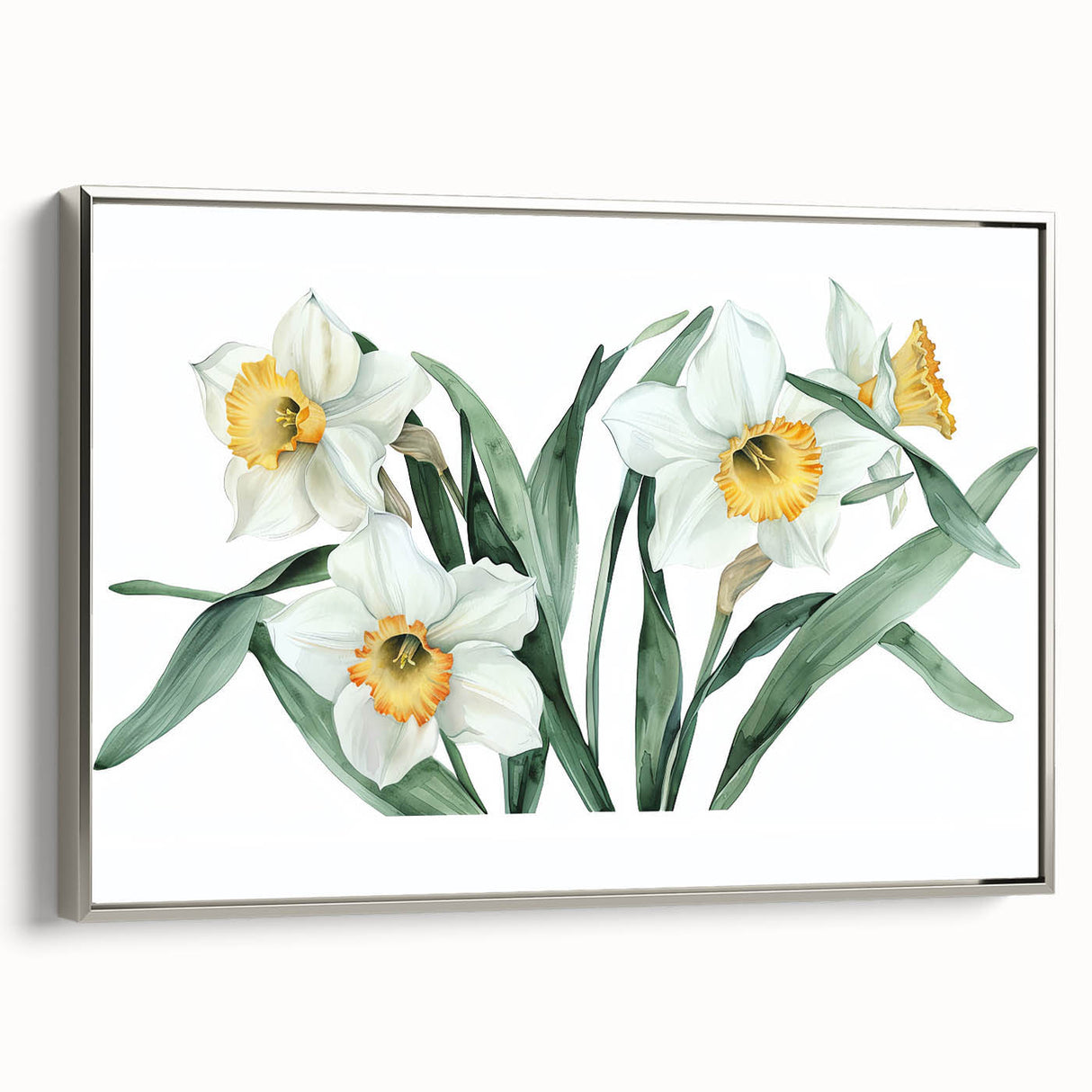 Framed canvas wall art showcasing a botanical daffodil design in vibrant yellow and green hues, elegantly presented with a sleek silver frame, ideal for home decor.
