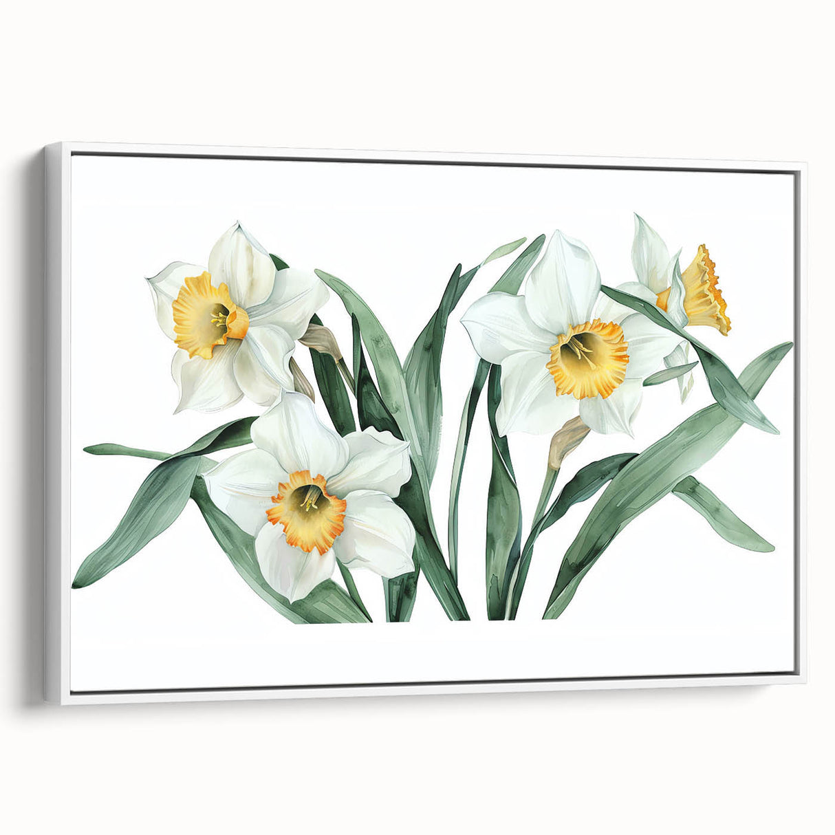 Framed canvas wall art featuring a botanical daffodil design, showcasing vibrant yellow flowers against a white background, perfect for brightening any room decor.
