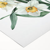 Rolled canvas showcasing a vibrant botanical design of daffodils, featuring intricate details and bright colors, perfect for home decor or floral-themed spaces.