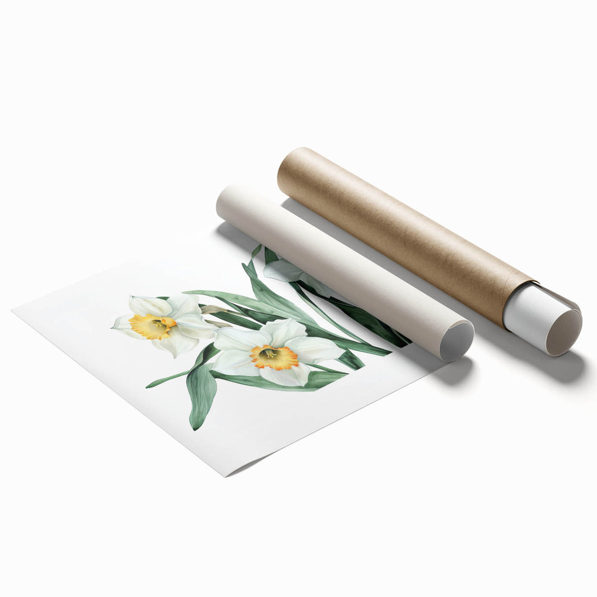 Botanical daffodil wall art print showcasing vibrant yellow and green hues, elegantly rolled for easy display, perfect for enhancing home decor.