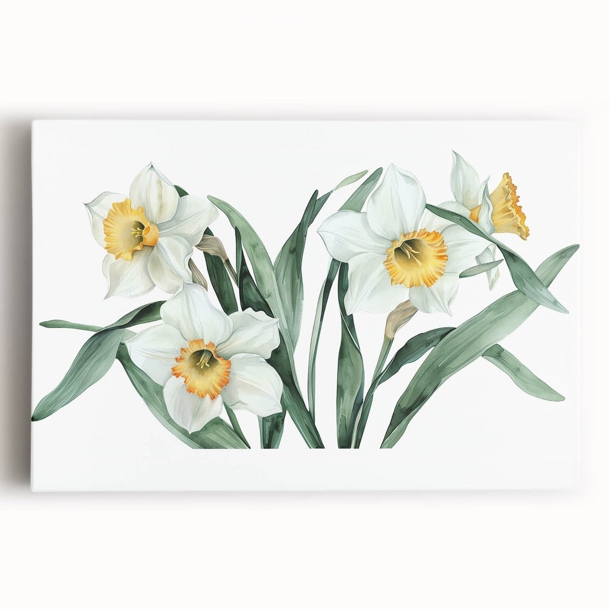 Stretched canvas wall art showcasing a vibrant botanical daffodil design, featuring bright yellow blooms and green leaves, perfect for home decor or floral enthusiasts.