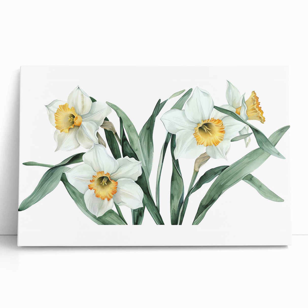 Vibrant daffodil wall art design on stretched canvas, showcasing intricate botanical details and bright yellow blooms against a soft backdrop, perfect for home decor.