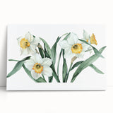 Vibrant daffodil wall art design on stretched canvas, showcasing intricate botanical details and bright yellow blooms against a soft backdrop, perfect for home decor.