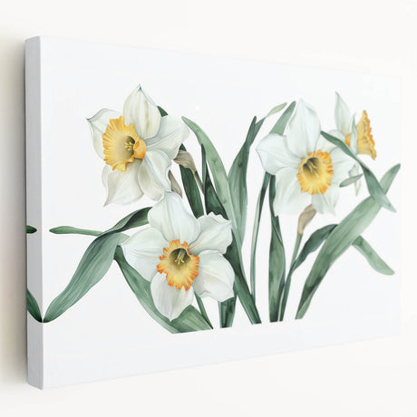 Side view of a stretched canvas featuring a botanical daffodil design, showcasing vibrant yellow and green hues, ideal for home decor or floral-themed interior design.