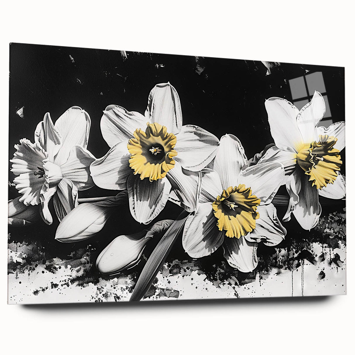 Acrylic glass wall art featuring a botanical daffodil design, showcasing vibrant yellow flowers against a soft background, ideal for home decor and nature lovers.