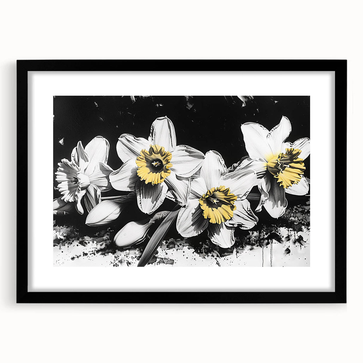 Framed botanical wall art featuring a daffodil design with a black mat, ideal for adding elegance to home decor, showcasing vibrant colors and fine details.