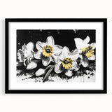 Framed botanical wall art featuring a daffodil design with a black mat, ideal for adding elegance to home decor, showcasing vibrant colors and fine details.