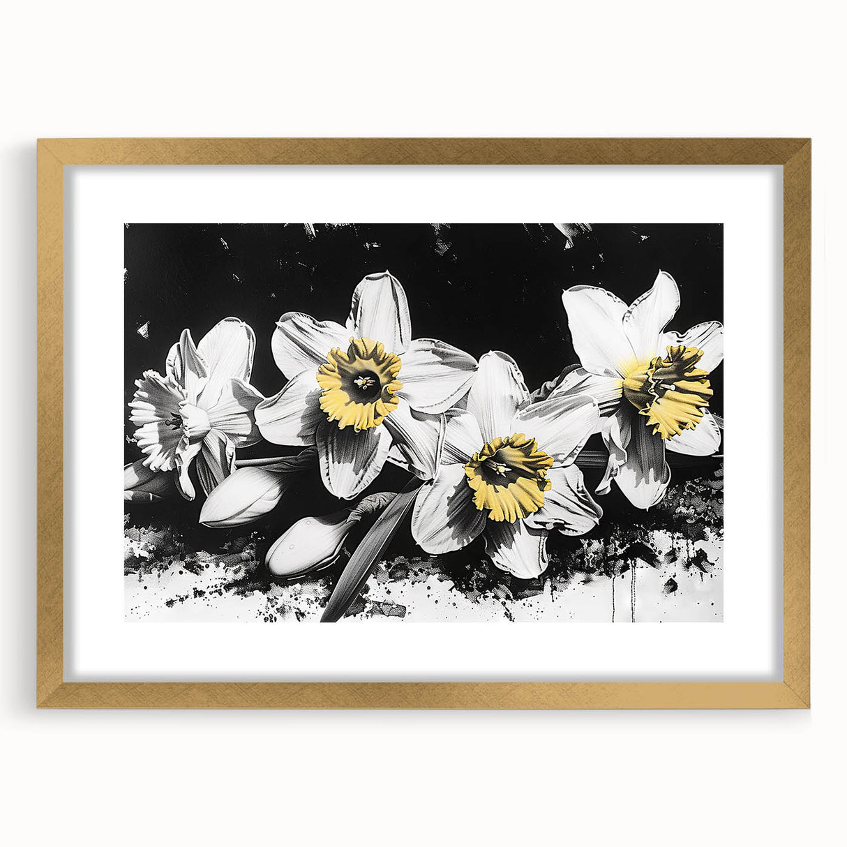 Botanical wall art featuring a vibrant daffodil design in a gold frame, elegantly matted, perfect for home decor or floral-themed interiors.
