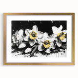 Botanical wall art featuring a vibrant daffodil design in a gold frame, elegantly matted, perfect for home decor or floral-themed interiors.