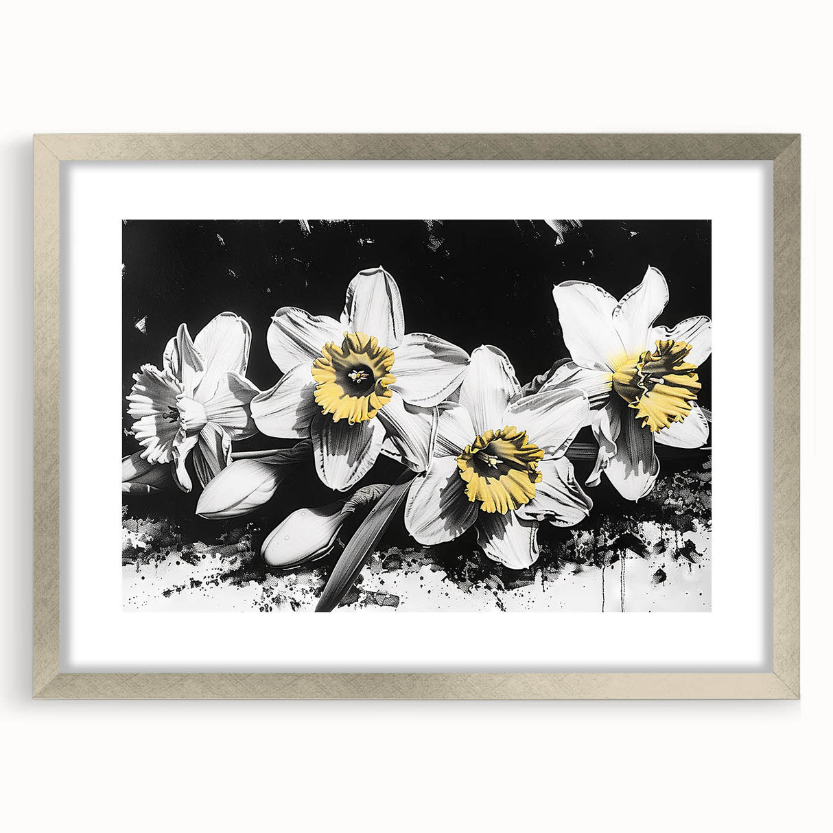 Elegant botanical wall art featuring a daffodil design in a silver frame with matting, showcasing intricate floral details and vibrant colors, perfect for home decor.