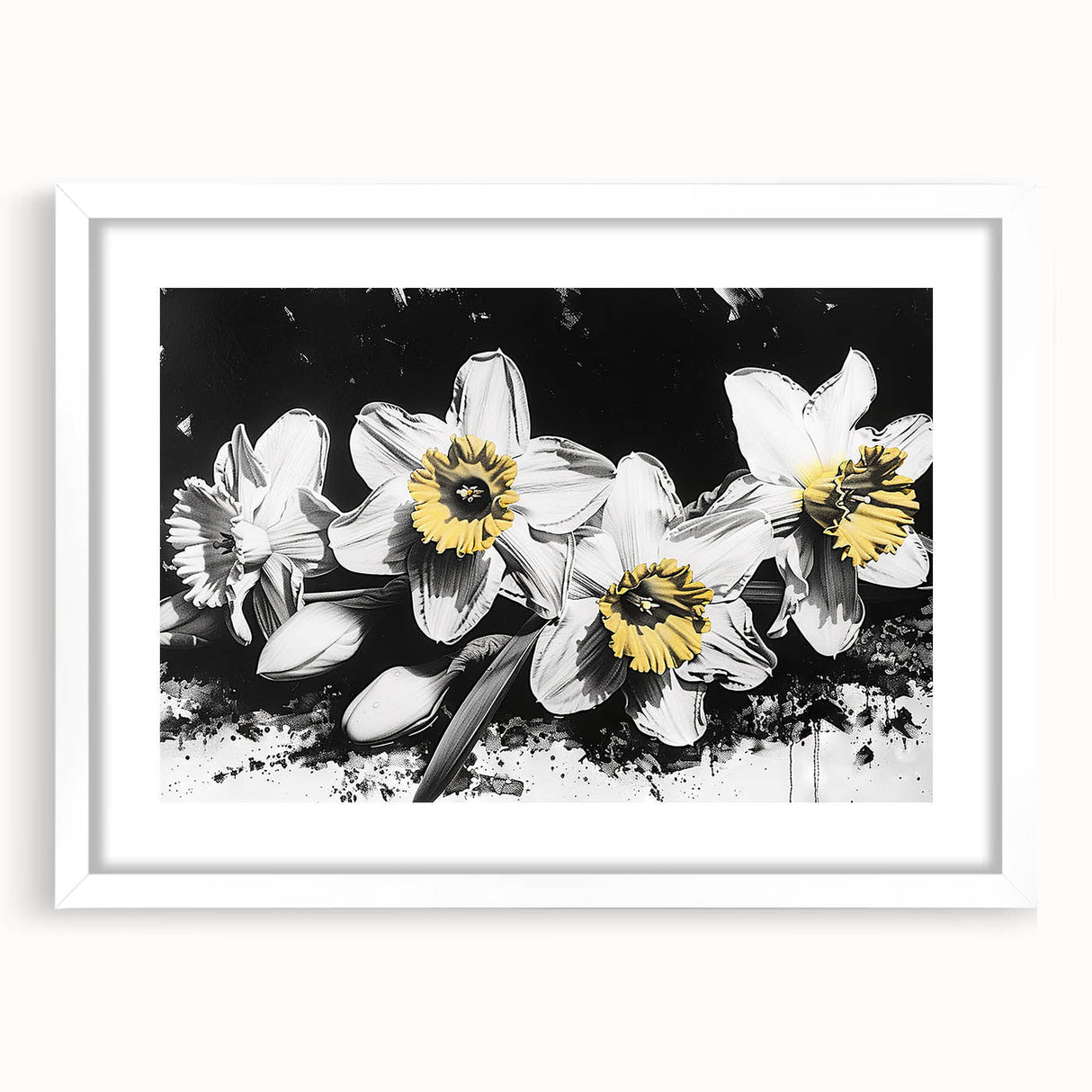 Botanical wall art featuring a vibrant daffodil design in a sleek white frame with a mat, ideal for home decor to enhance natural aesthetics and brighten spaces.