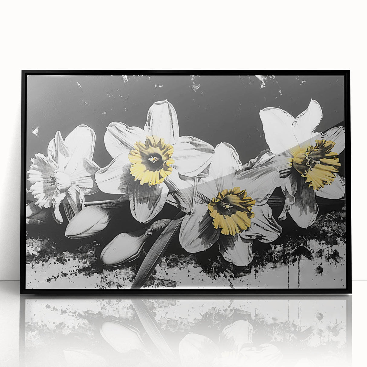 Framed wall art collection showcasing a botanical daffodil design in vibrant colors, featuring a sleek black frame for a modern aesthetic and elegant home decor.