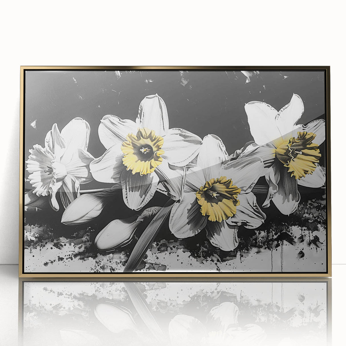 Framed wall art featuring a botanical design of delicate daffodils against a gold-acrylic background, perfect for adding elegance to home decor.