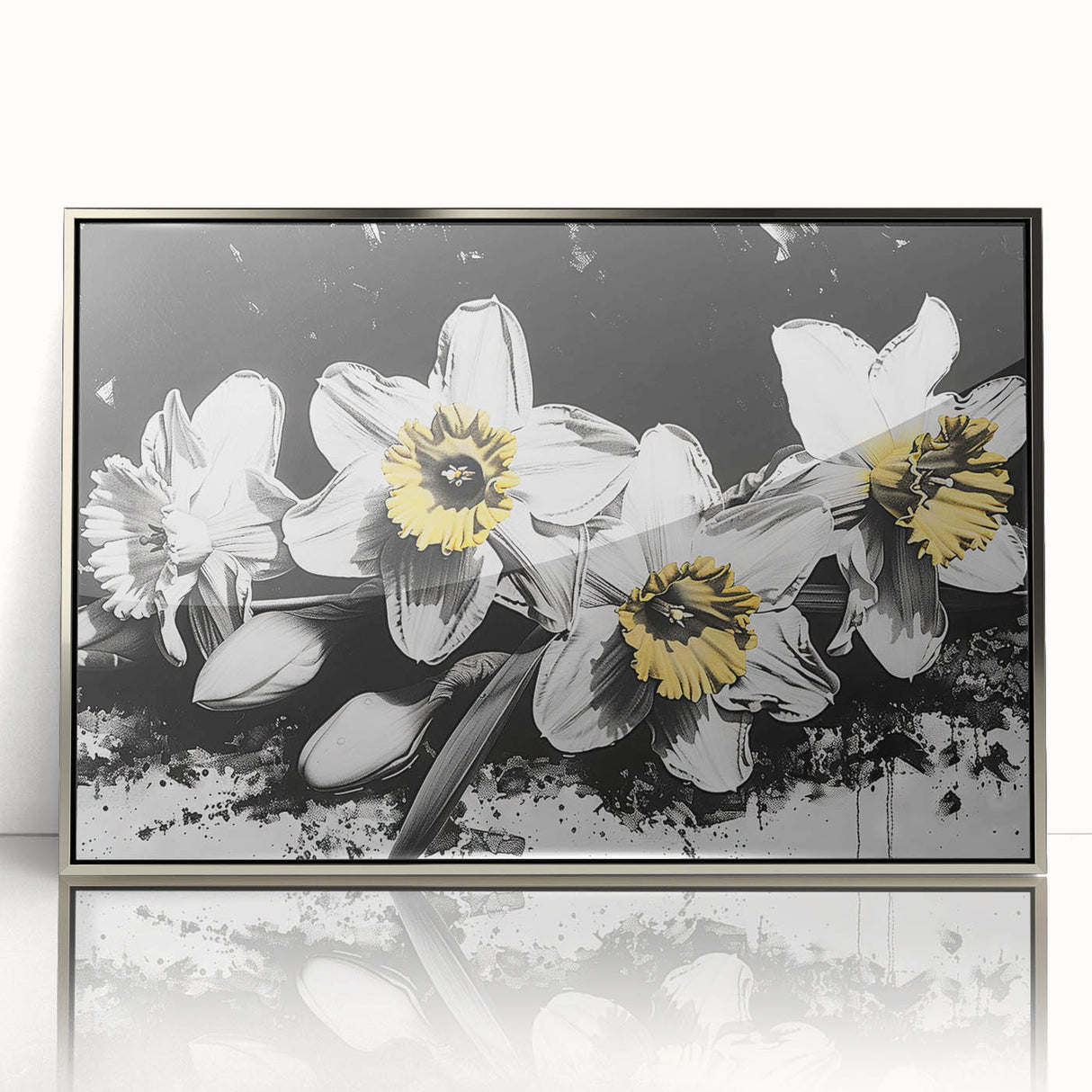 Framed acrylic wall art featuring a botanical design of vibrant daffodils in silver accents, perfect for enhancing home decor with a fresh, floral touch.