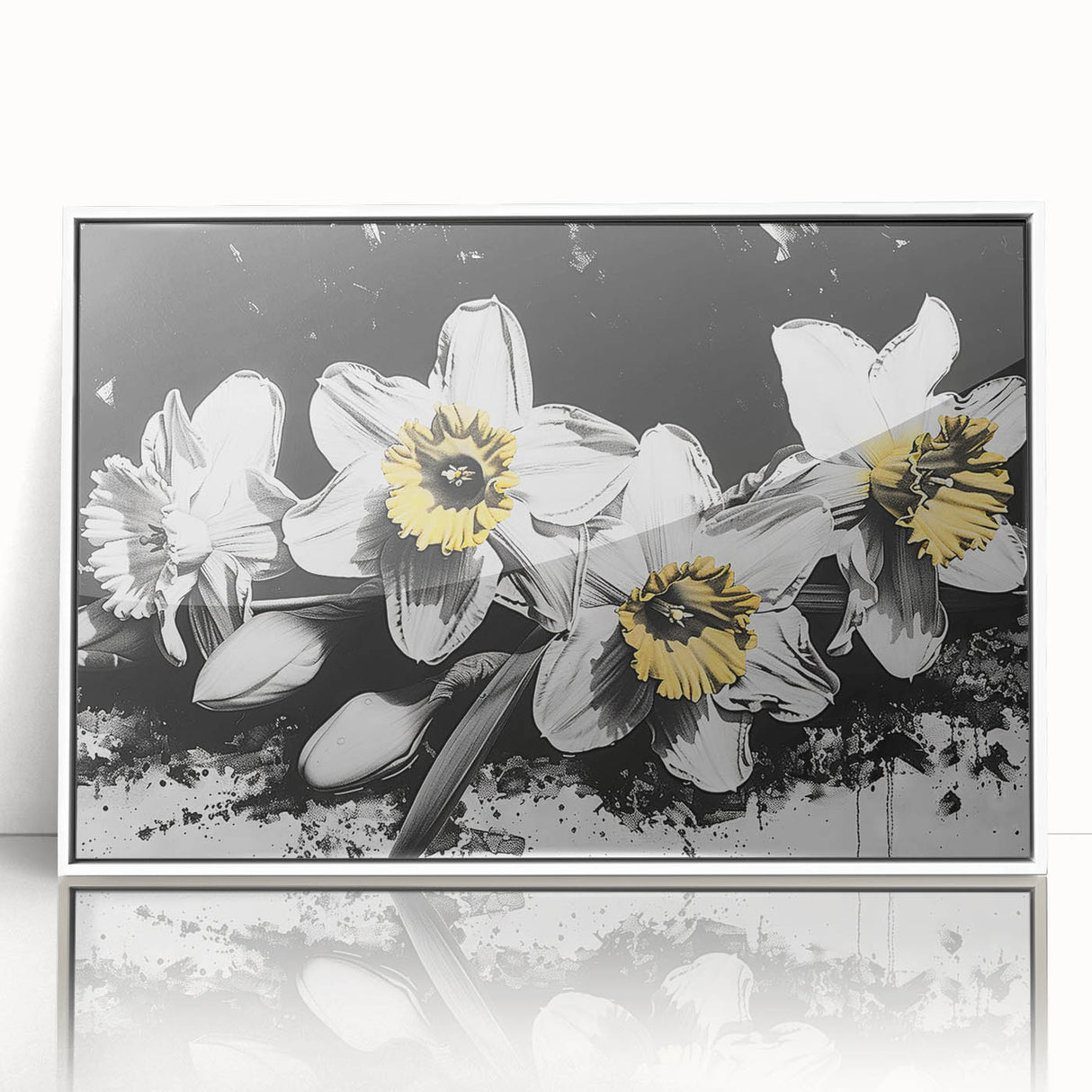 Framed botanical wall art featuring a vibrant daffodil design in a white frame, showcasing an elegant and modern aesthetic for home decor. Ideal for floral enthusiasts.
